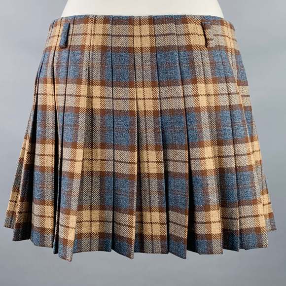 PRADA Blue Taupe Wool Plaid Pleated Mini Skirt - Picture 3 of 4